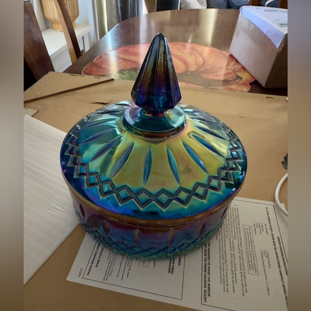 Indiana Glass Iridescent Blue Glass Art Piece Candy Dish